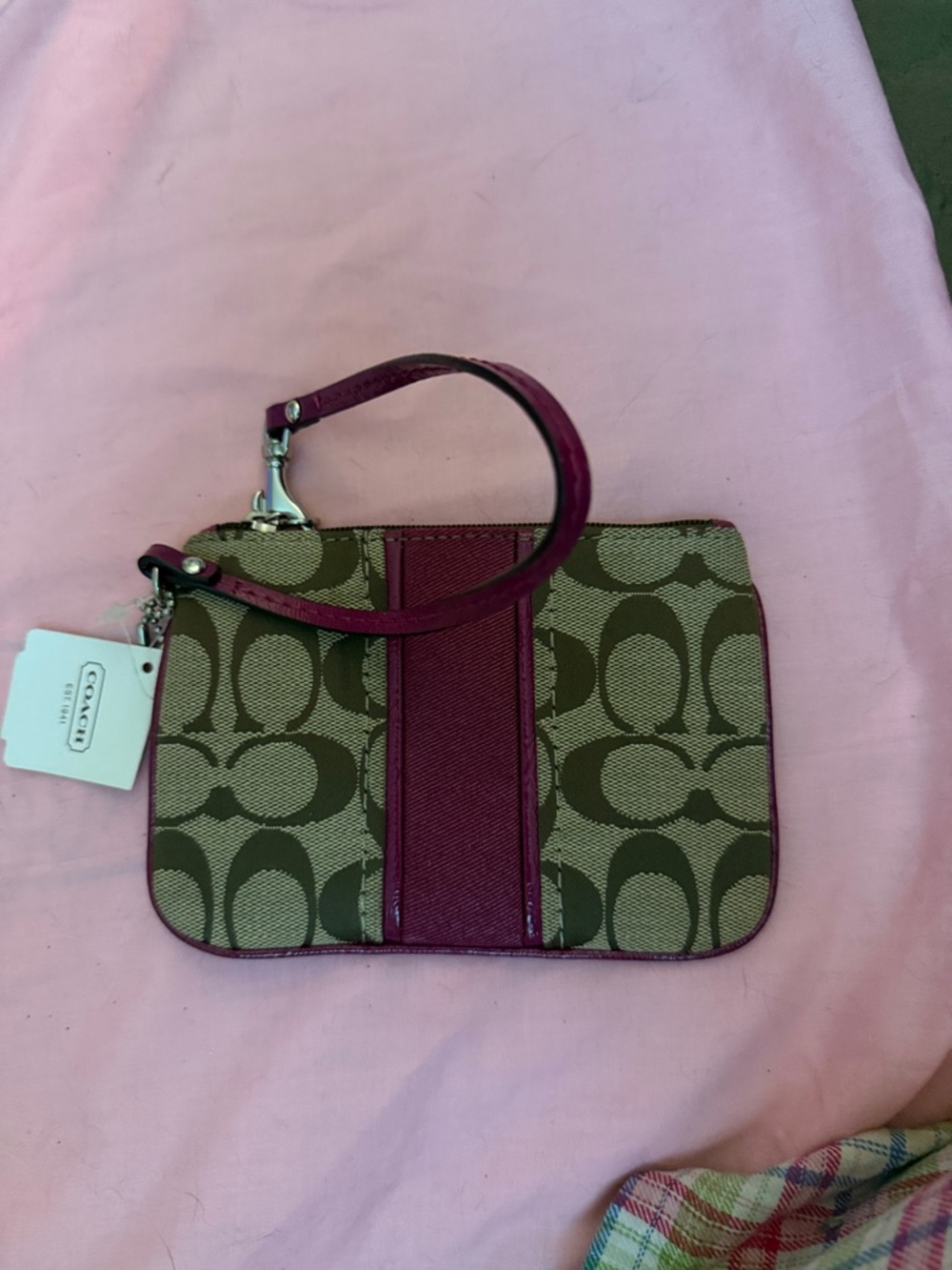 Coach Signature Canvas Wristlet in Pink and Tan